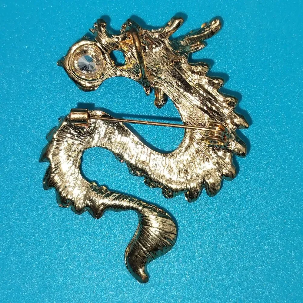 Sparkling Gold Tone Dragon Brooch Pin Red Crystal Ball Clear Rhinestones Fashion